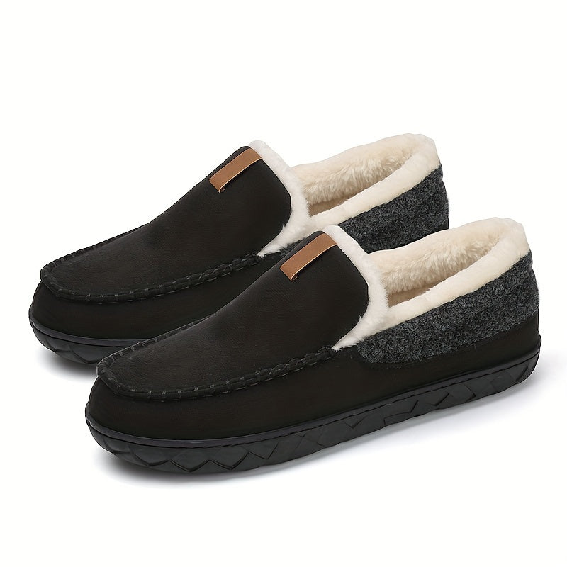 Stylish black men's winter slippers, cozy & warm with a secure non-slip indoor sole.