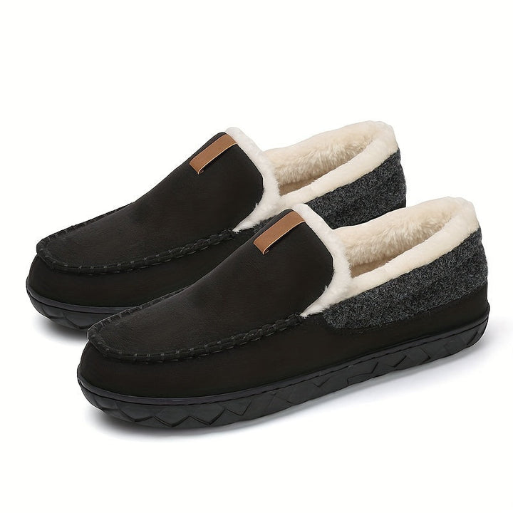 Stylish black men's winter slippers, cozy & warm with a secure non-slip indoor sole.