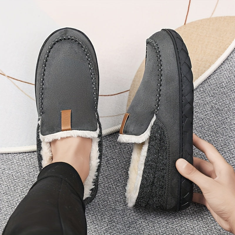 Grey men's home comfort slippers, sheepskin lined for warmth & a non-slip sole.