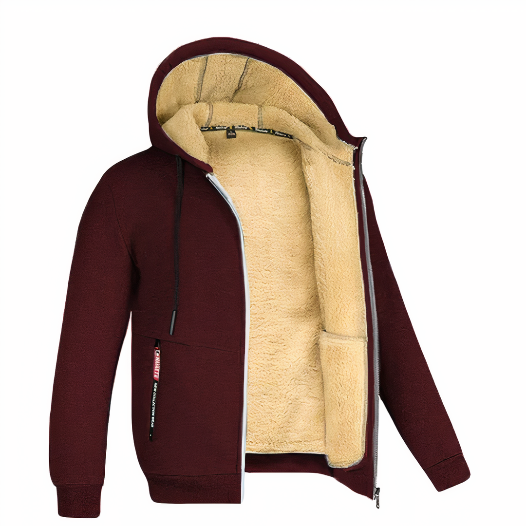 Men's cozy warm hooded zip-up jacket for winter and fall comfort.