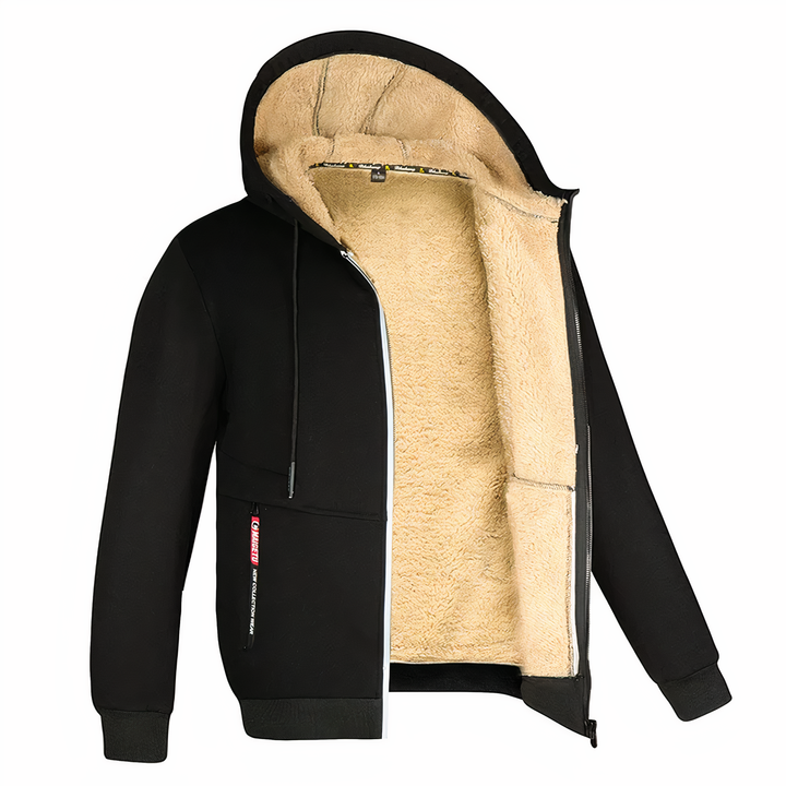 Active men's warm hooded zip-up jacket, ideal for winter and fall casual wear.