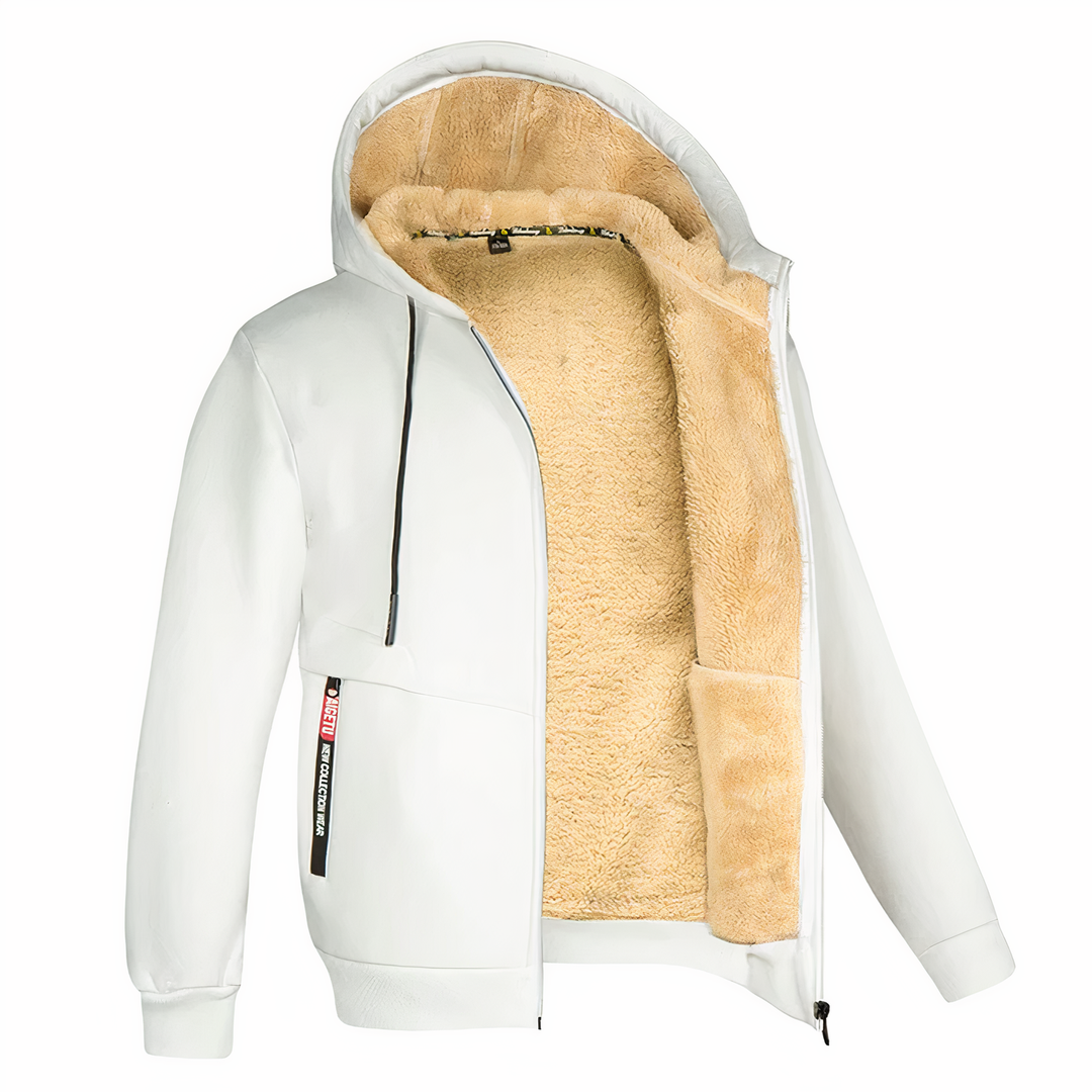 Men's zip-up hooded jacket with a cozy, warm design, suitable for fall & winter style.