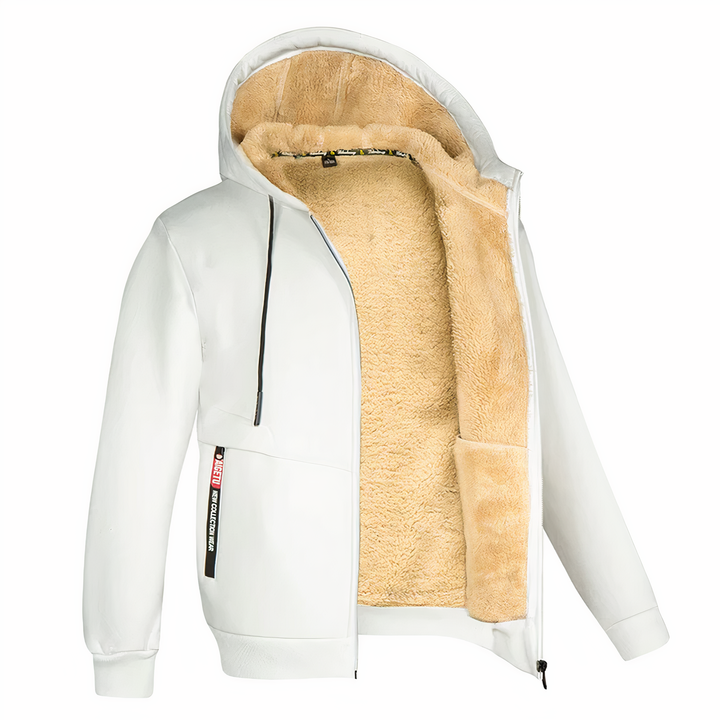 Men's zip-up hooded jacket with a cozy, warm design, suitable for fall & winter style.