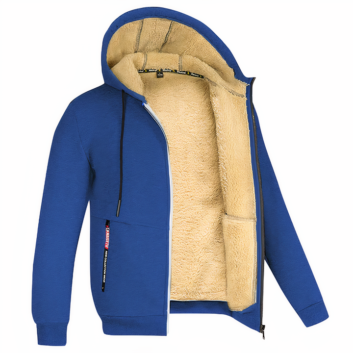 Comfortable men's warm hooded zip-up jacket, essential outerwear for cool weather.