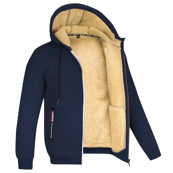 Versatile men's hooded zip-up jacket, a warm and casual coat for active fall & winter.