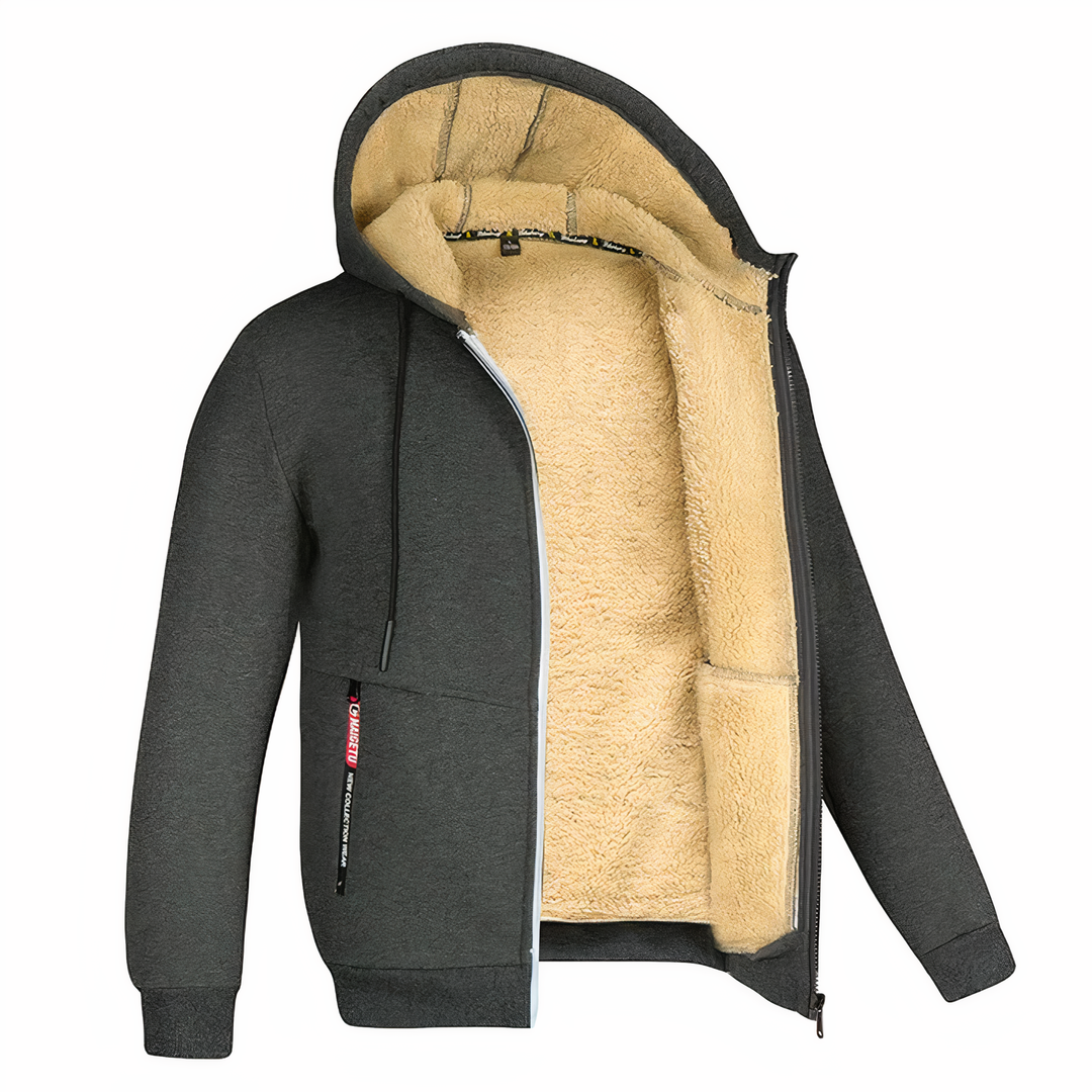 Side view of a men's stylish hooded zip-up jacket, ideal for fall casual comfort & warmth.