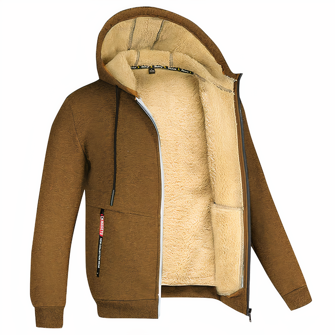 Men's warm, cozy hooded zip-up jacket, a comfortable and stylish coat for active winter & fall.