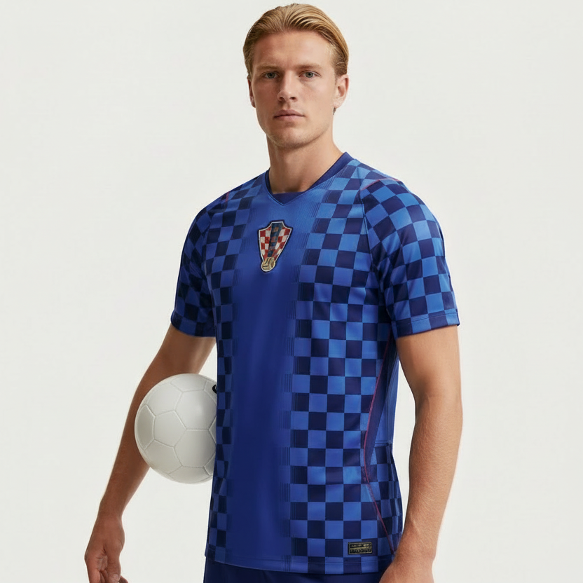 Men's Croatia Away Football Jersey. Official style fan shirt, white & blue design, ideal for match days.