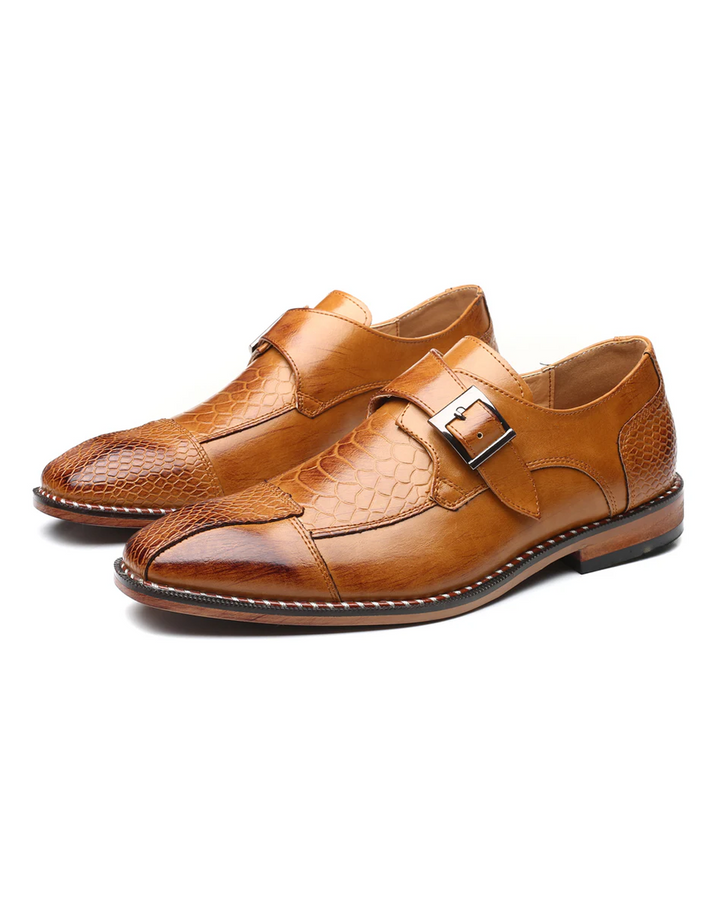 Men's crocodile embossed monk strap dress shoes, elegant formal footwear for classic style.