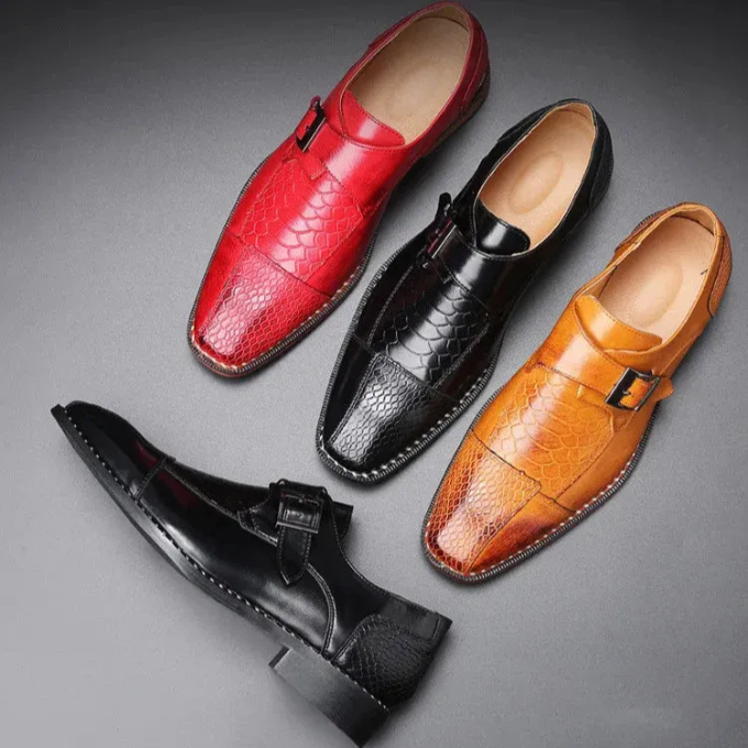 Angled view of sophisticated men's crocodile embossed monk strap dress shoes, event-ready.