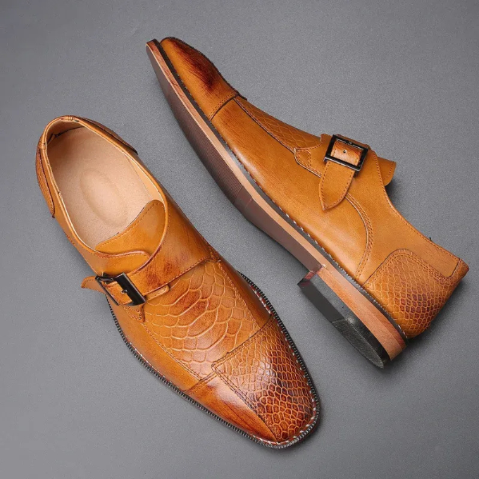 Sophisticated men's crocodile embossed monk strap shoes, perfect for smart casual & workwear.