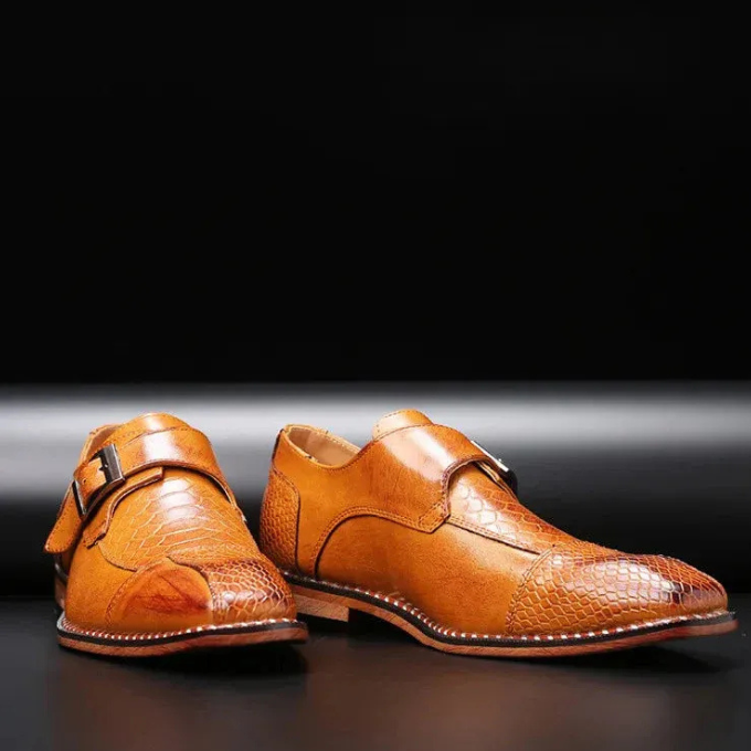 Classic men's double monk strap dress shoes with luxurious crocodile embossed texture & buckles.