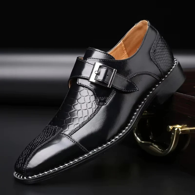 Stylish men's fashion crocodile embossed monk strap shoes, offering timeless elegant footwear.