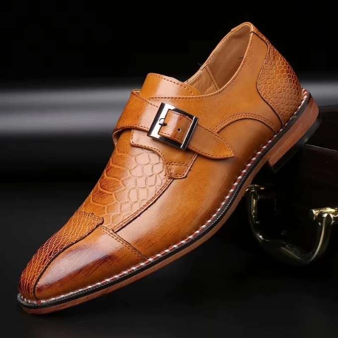 Luxurious crocodile texture men's monk strap dress shoes, versatile for formal & smart casual looks.