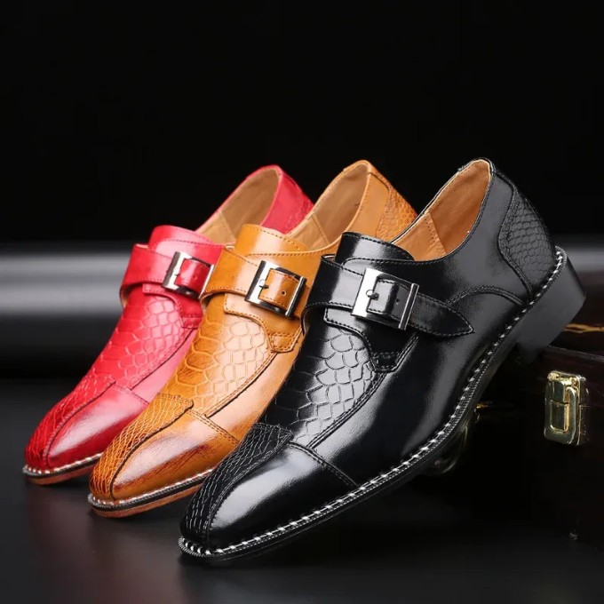 Front view: Classic men's buckle shoes, crocodile embossed formal monk strap style, smart casual.