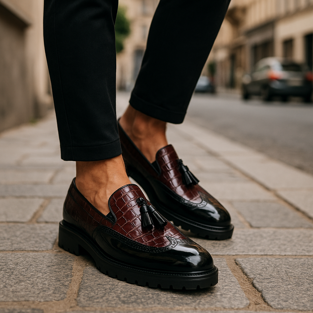 Men's fashion Dalton textured tassel loafers. Versatile luxury slip-ons for elegant dress shoes or casual outfits.