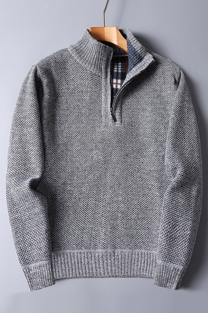 Versatile men's red long-sleeve ribbed quarter zip sweater, a smart casual staple for fall and winter fashion.