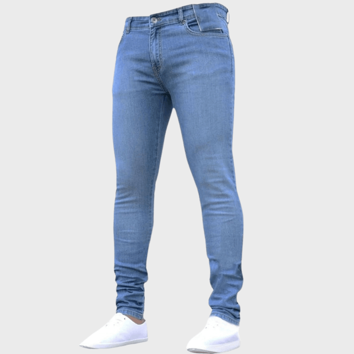 Men's dark wash stretch skinny jeans, combining sleek style with all-day comfort and a modern slim fit.