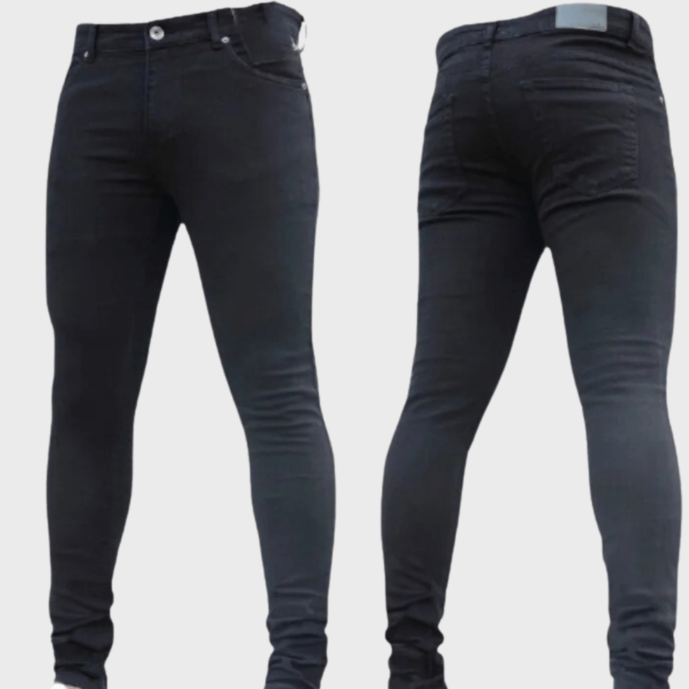 Comfortable men's stretch skinny jeans in dark wash denim, perfect for everyday wear with a flexible, fitted design.