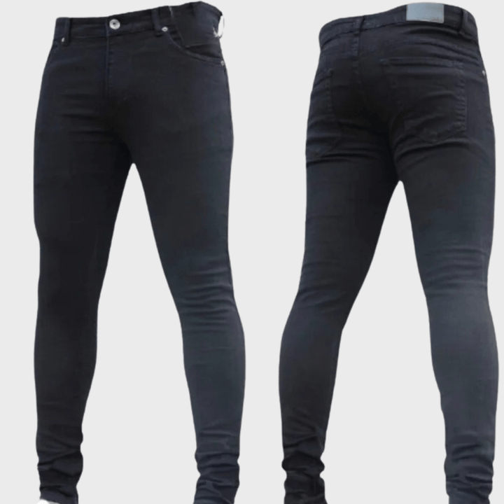 Comfortable men's stretch skinny jeans in dark wash denim, perfect for everyday wear with a flexible, fitted design.