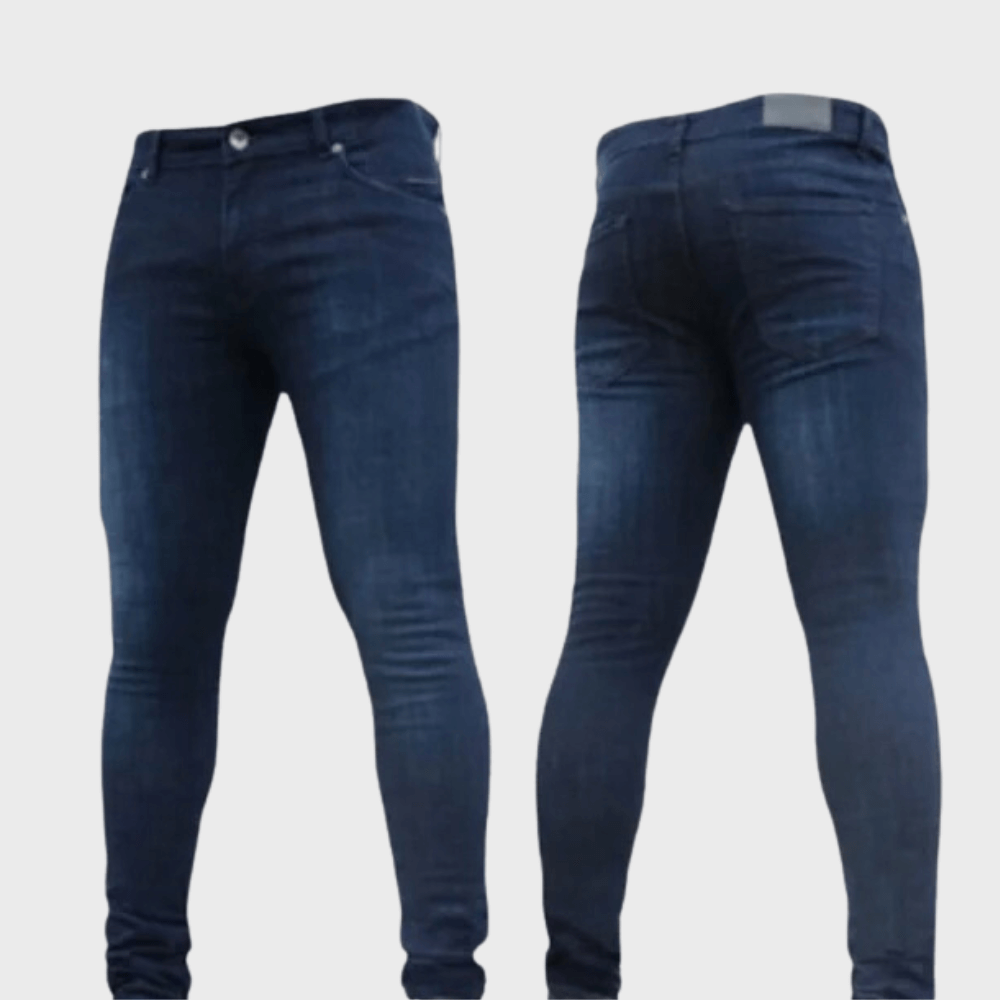 Versatile men's dark wash skinny jeans, offering sleek style and a modern stretch fit for casual or everyday fashion.