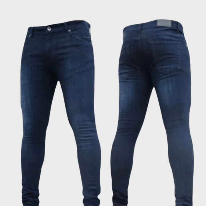 Versatile men's dark wash skinny jeans, offering sleek style and a modern stretch fit for casual or everyday fashion.