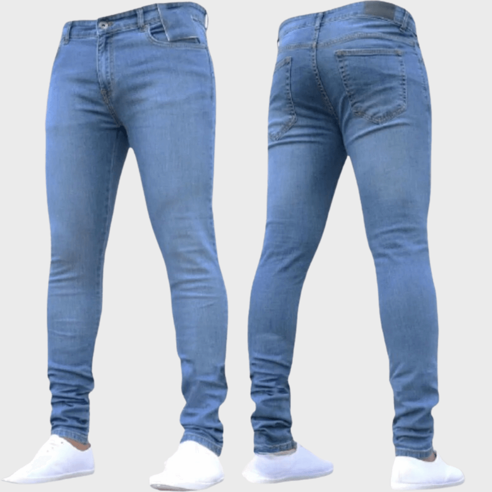Men's skinny fit jeans made from stretch dark wash denim, providing a comfortable, modern look and flexible wear.