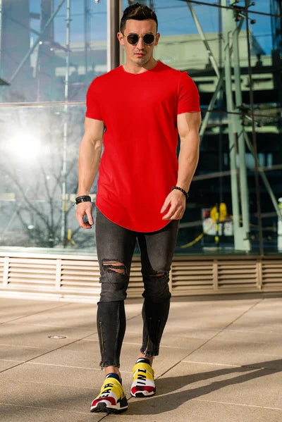 Showcasing the athletic fit of this men's deep cut, breathable t-shirt.