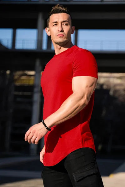Men's activewear t-shirt with a bold deep cut and superior breathability.