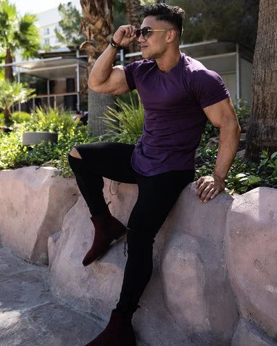 Front view of a men's athletic fit t-shirt, emphasizing the deep cut.