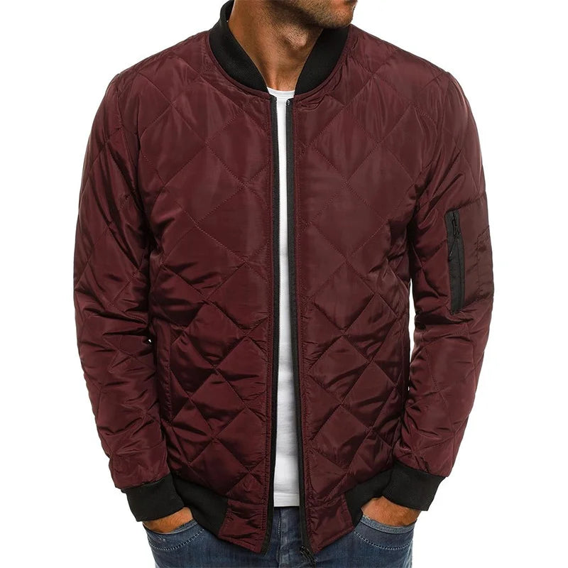 Stylish men's diamond pattern bomber jacket, comfortable fit for everyday casual wear & versatile autumn fashion.