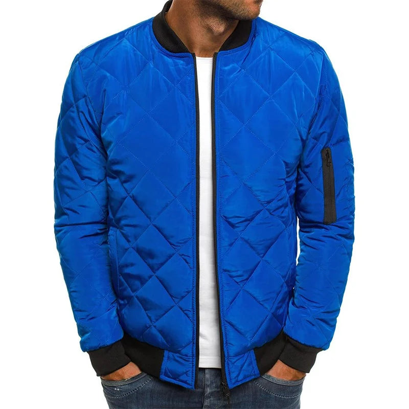Close-up of a men's diamond pattern casual jacket, showcasing its unique texture and stylish design for outerwear.