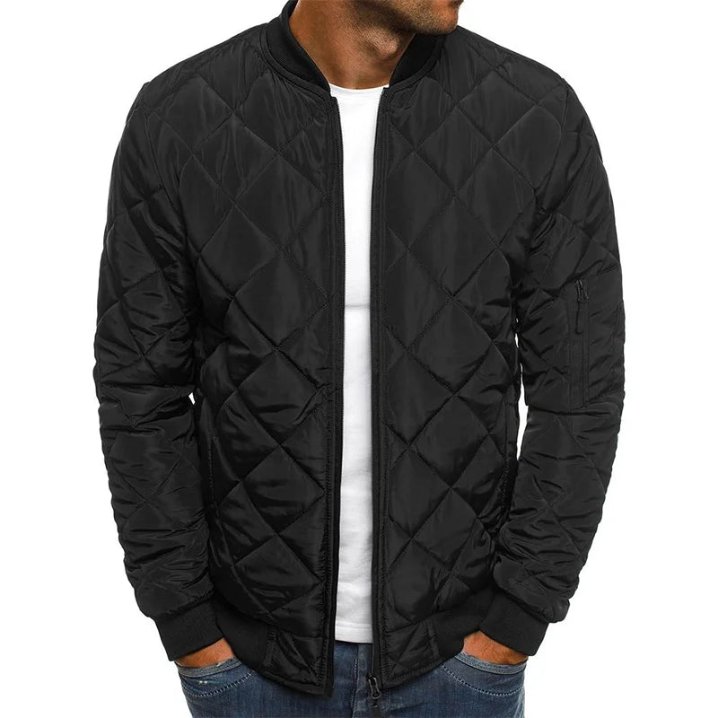 Man wearing a stylish diamond pattern casual jacket, ideal for autumn outings and comfortable everyday fashion.