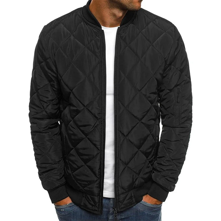 Man wearing a stylish diamond pattern casual jacket, ideal for autumn outings and comfortable everyday fashion.