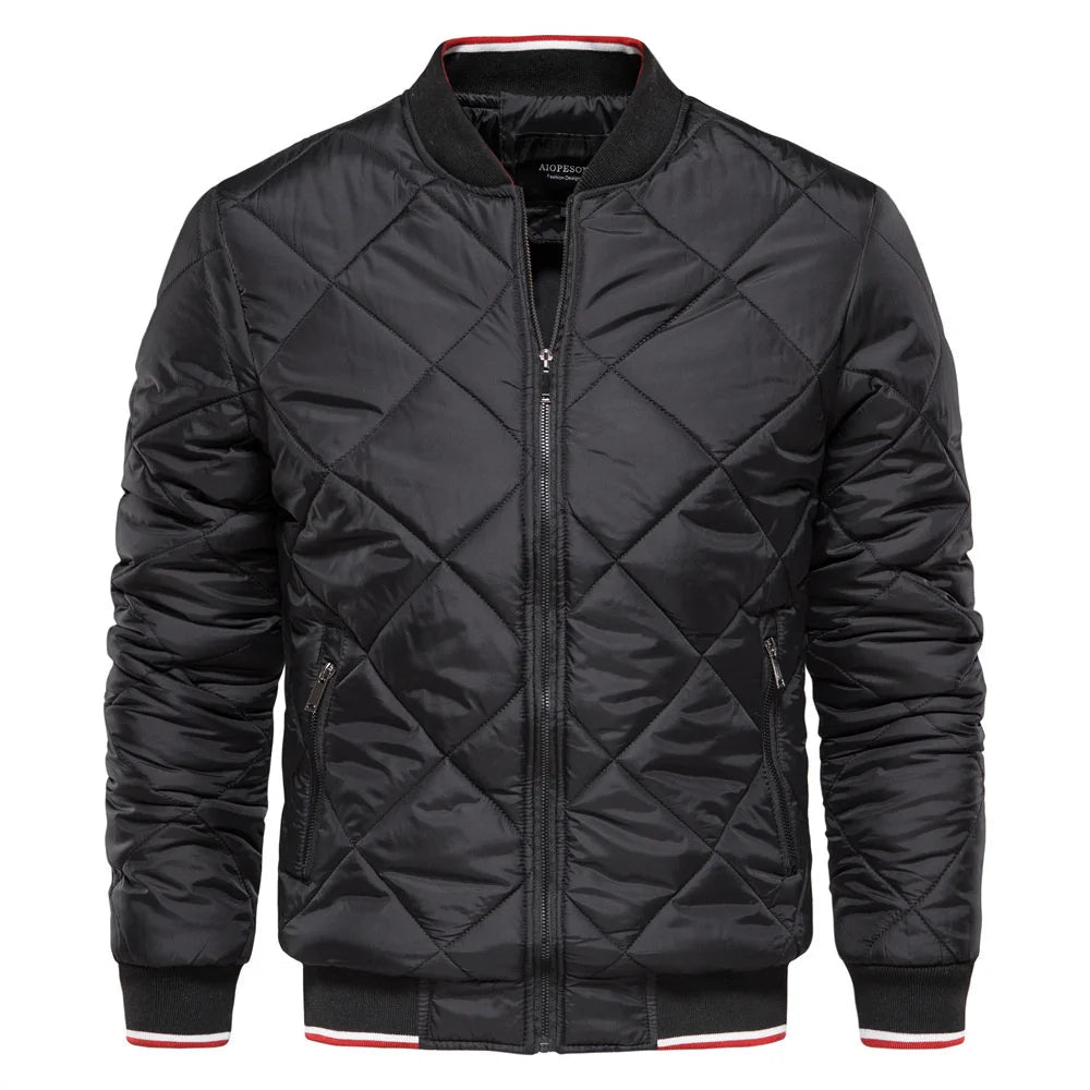 Stylish men's diamond quilted bomber jacket, versatile casual outerwear with zip-up design.