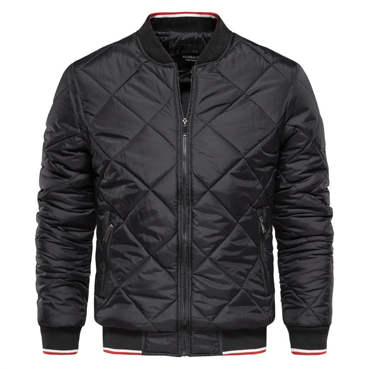 Stylish men's diamond quilted bomber jacket, versatile casual outerwear with zip-up design.