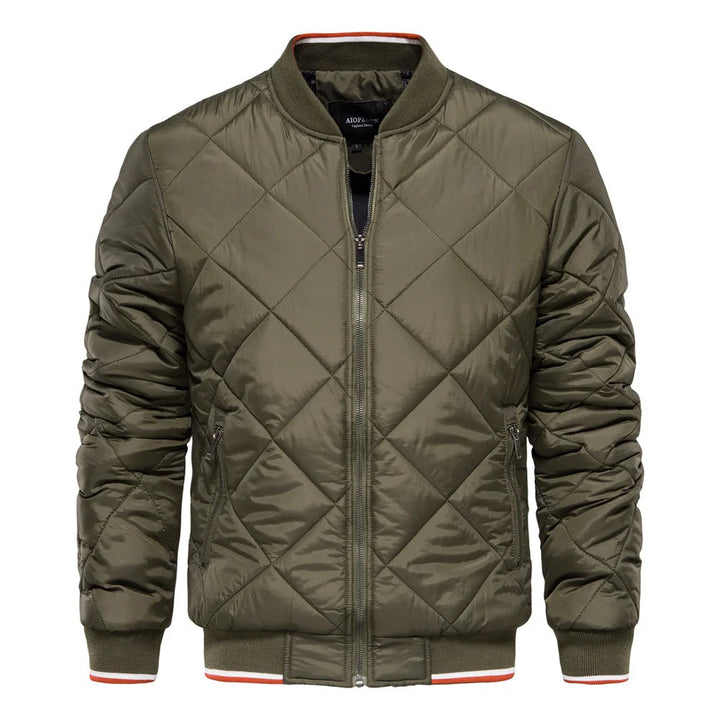 Warm men's diamond quilted bomber jacket featuring unique diamond pattern, ideal winter outerwear.