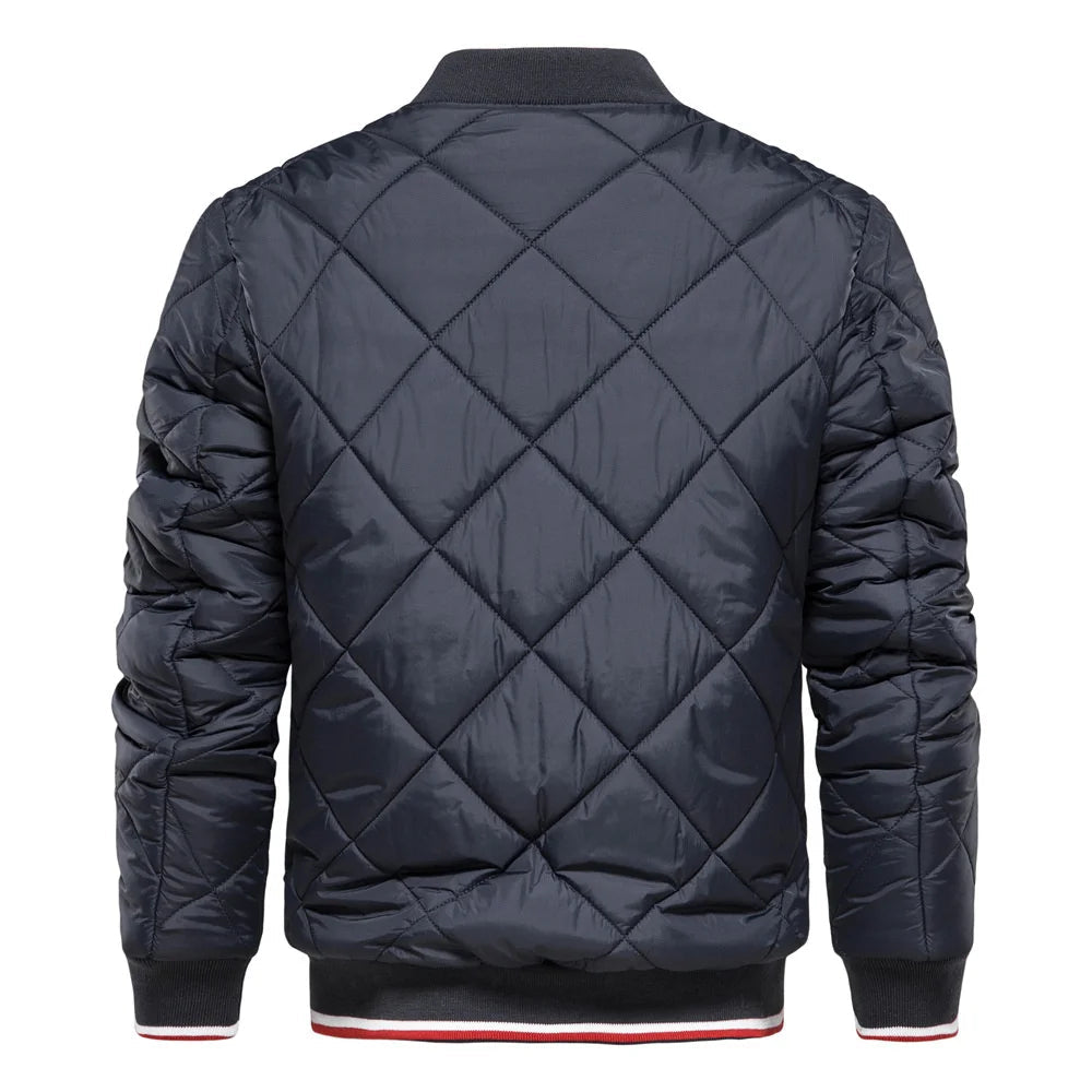 Men's zip-up diamond quilted bomber jacket, stylish and warm outerwear, perfect for cold weather.