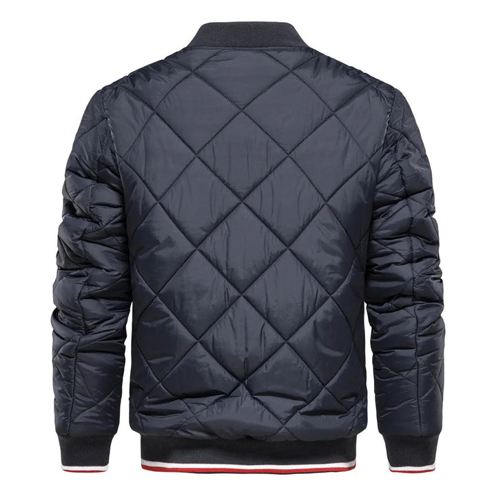 Men's zip-up diamond quilted bomber jacket, stylish and warm outerwear, perfect for cold weather.
