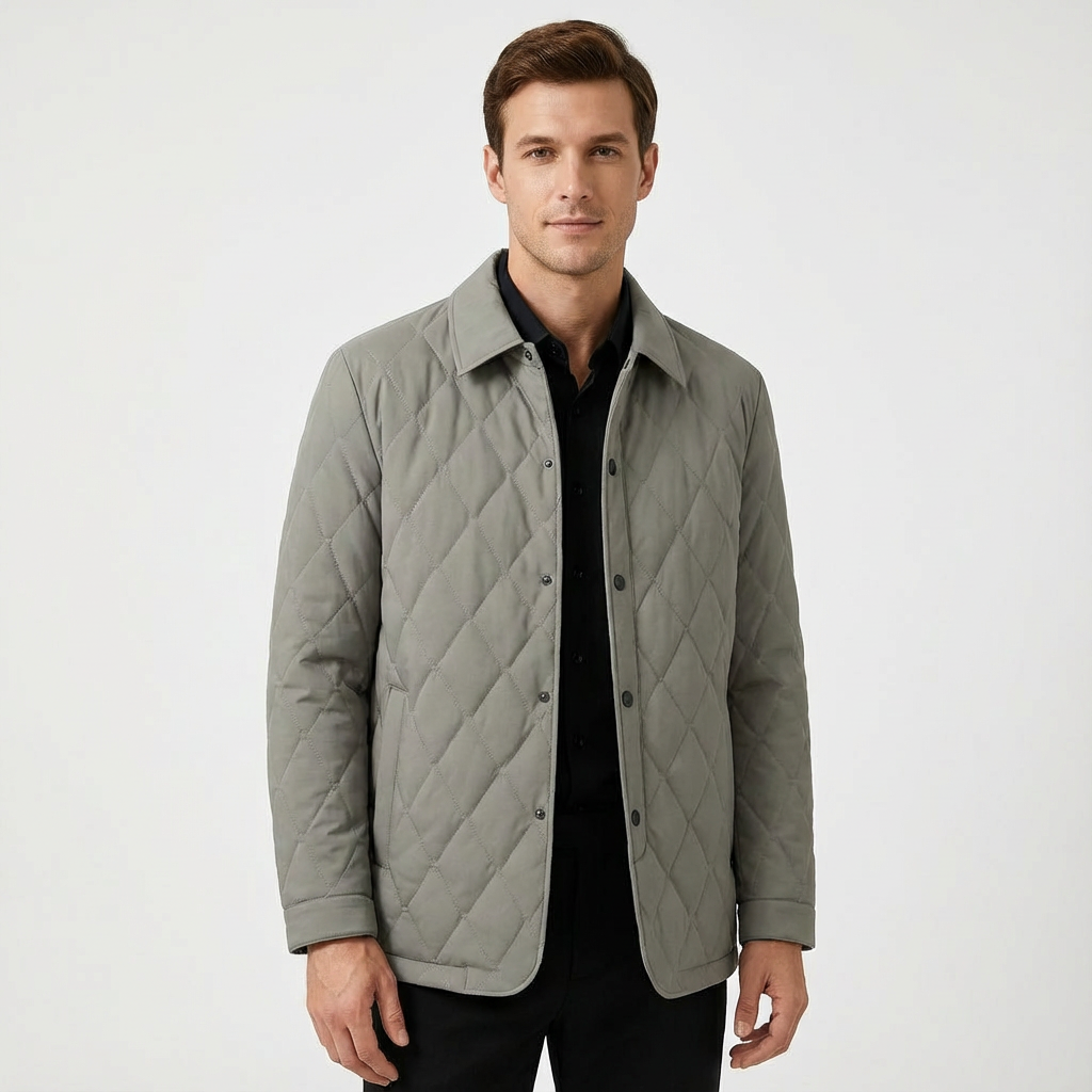 Stylish men's quilted jacket featuring diamond stitch, classic shirt collar, and practical utility pockets.