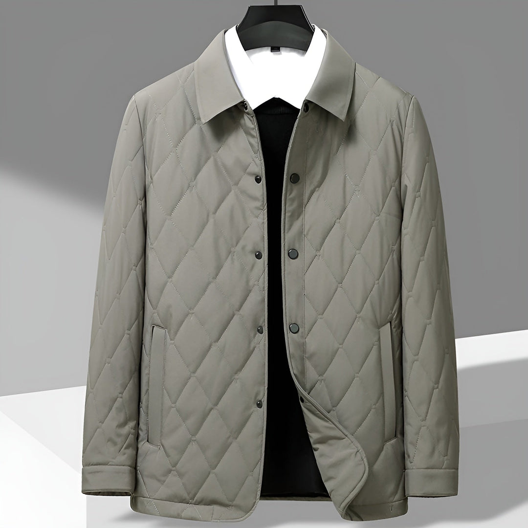 Smart casual men's autumn jacket. Diamond quilted with a shirt collar, great for travel & layering outerwear.