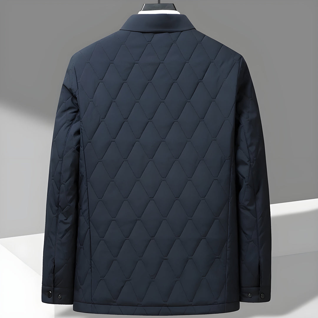 Fashionable men's quilted jacket, diamond stitch pattern & shirt collar. A versatile piece for mens autumn fashion.