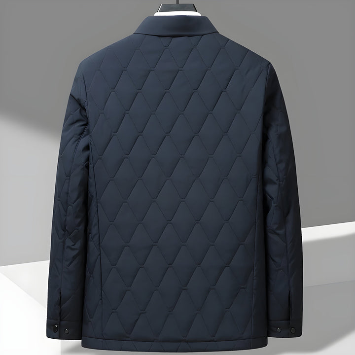 Fashionable men's quilted jacket, diamond stitch pattern & shirt collar. A versatile piece for mens autumn fashion.