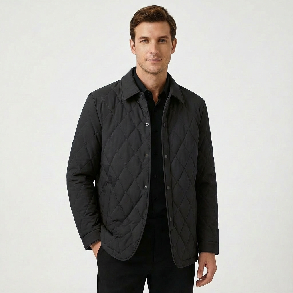 Refined men's diamond quilted jacket. Features a crisp shirt collar, perfect for smart casual autumn fashion.