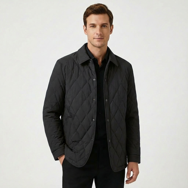 Refined men's diamond quilted jacket. Features a crisp shirt collar, perfect for smart casual autumn fashion.
