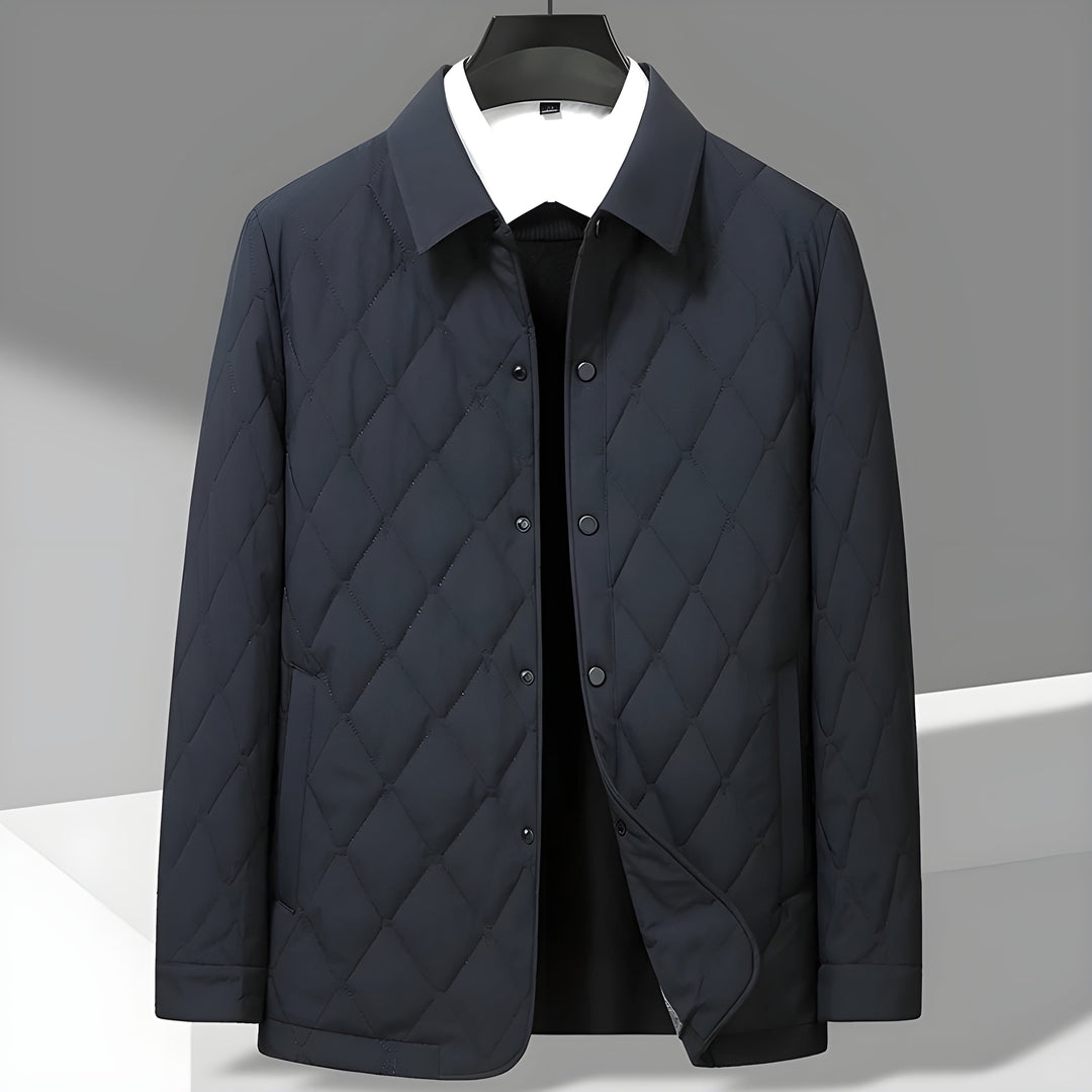 Essential men's outerwear: diamond quilted jacket with shirt collar. Stylish & warm for autumn and winter season.