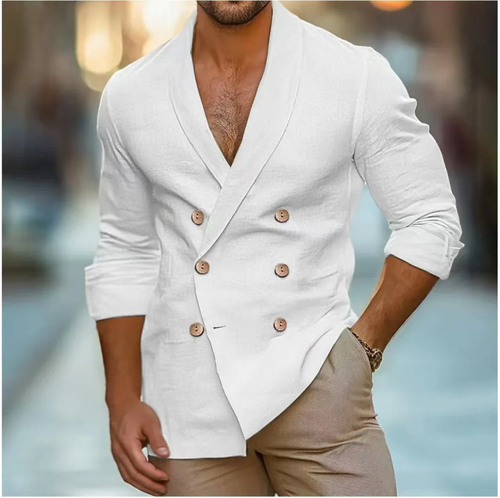 Men's double-breasted tailored blazer, ideal for smart casual style & professional workwear. Versatile outerwear.