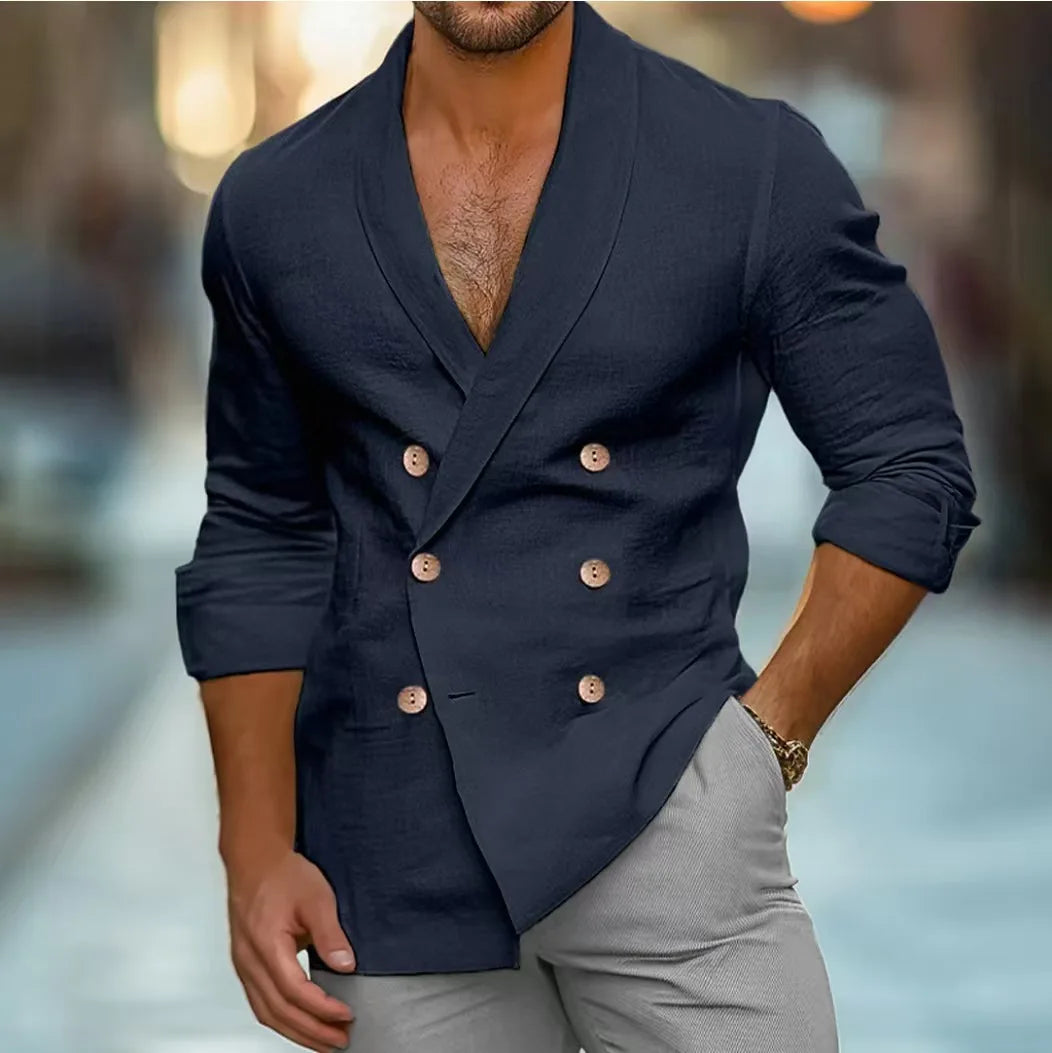 Stylish men's double-breasted blazer. A versatile, tailored outerwear piece for smart casual and event wear.