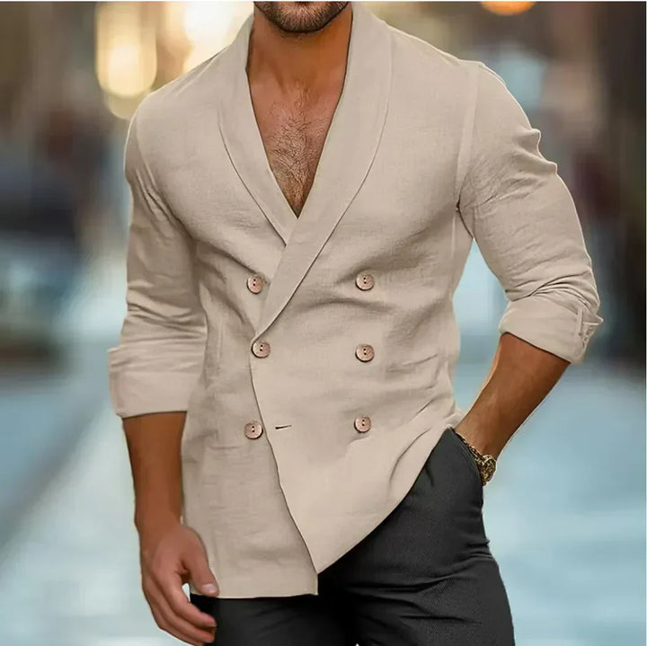 Elegant men's double-breasted tailored blazer, a smart casual fashion essential for any event or work outfit.