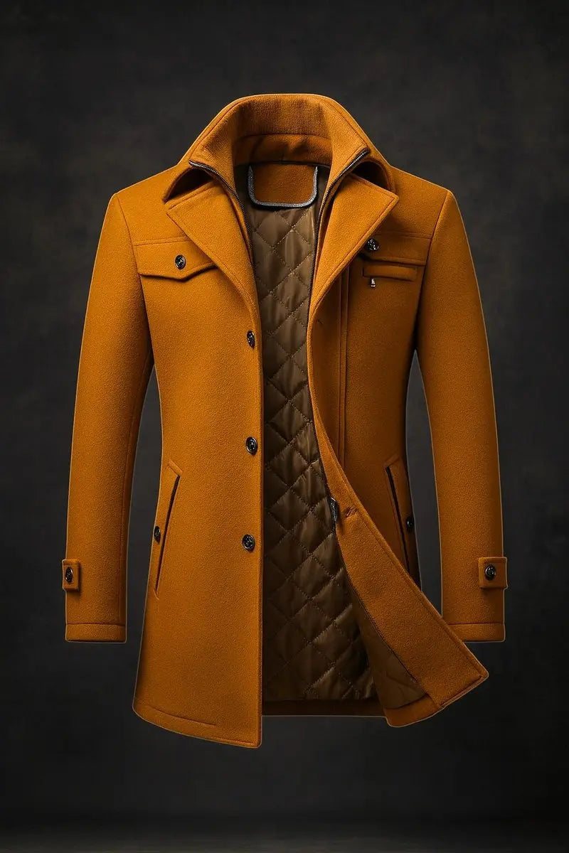Men's double-collar quilted overcoat for ultimate winter warmth. Single-breasted tailored outerwear, perfect for cold weather.